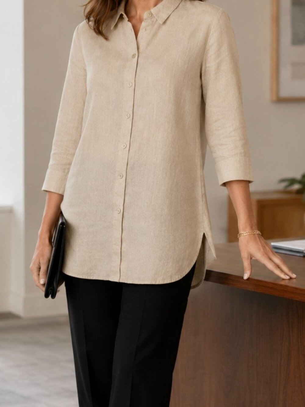 Chico's Linen Tunic Top 3/4 Sleeve  SZ 2 (US 12) Timeless Sophisticated Stylish